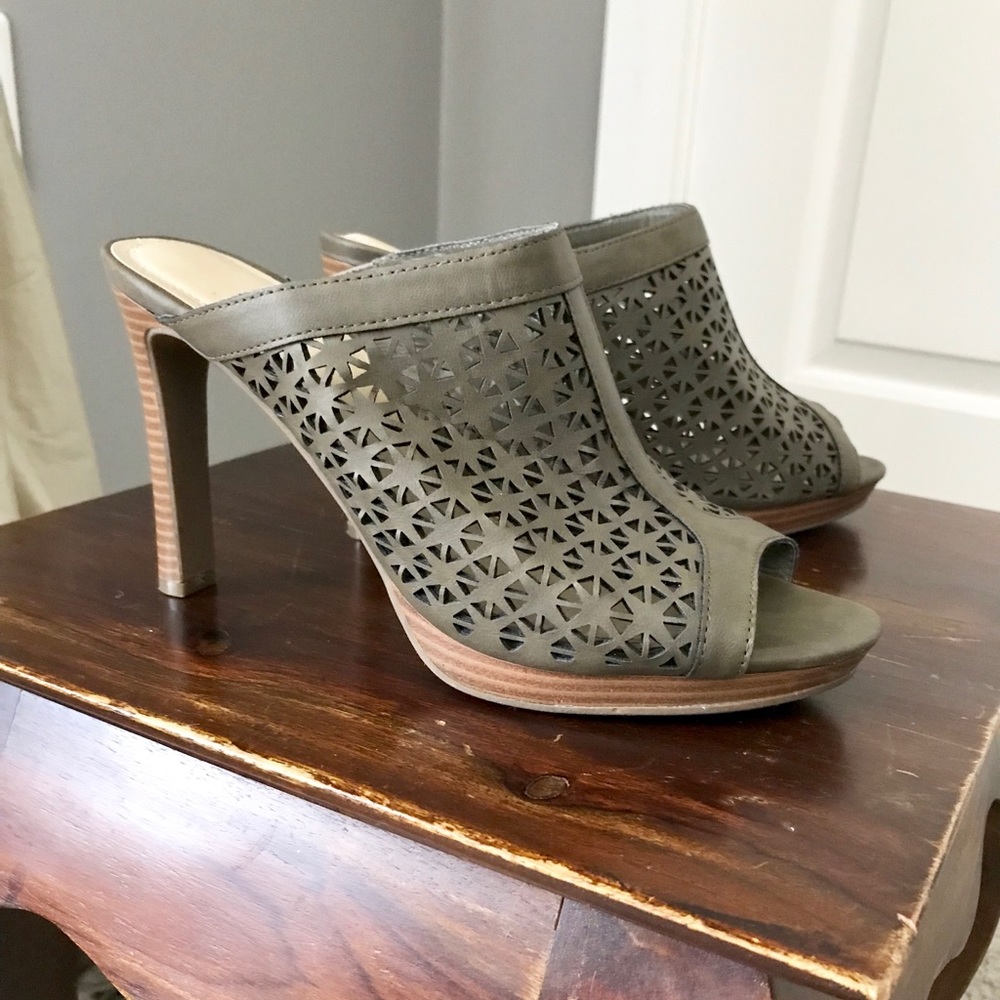 Impo olive platform mules w/ geometric cut outs